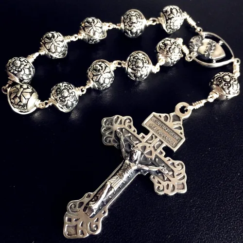 Vista 2 de elegantmedical Hecho a mano Bali plata esterlina cuentas cruz hecha a mano alambre envoltura de una década rosario pulsera caja de regalo