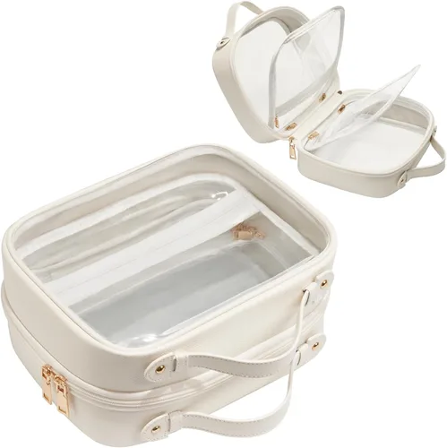 Vista 22 de Bolsa de Cosméticos Transparente de Doble Capa Bolsa de Artículos de Tocador de Viaje Estuche de Maquillaje Transparente con 4 Compartimentos, Bolsa