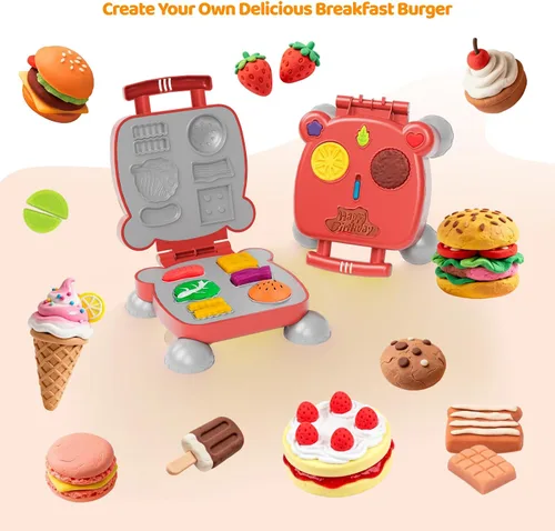 Vista 4 de Herramientas de masa para niños, 41 juguetes de masa, incluyen moldes de comida para jugar, cupcakes, helado, hamburguesa, papas fritas, fideos