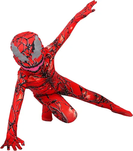 Vista 2 de Disfraz de superhéroe para niños, traje de tela de licra roja con máscara para Halloween