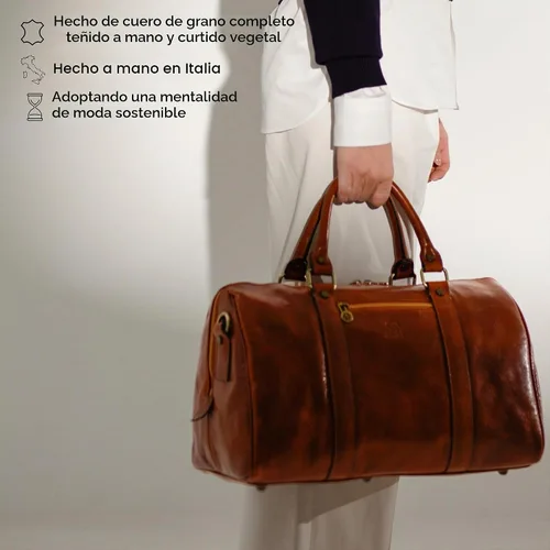 Vista 4 de Time Resistance Bolsa de lona pequeña de cuero de grano completo - Bolsa de gimnasio para fin de semana (marrón coñac)