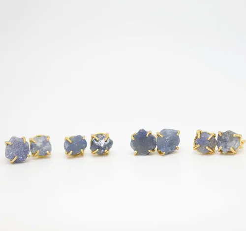 Vista 5 de Raw Blue Sapphire Gemstone Stud Earrings- Prong Setting- 14k Gold overlay on Sterling Silver- September Birthstone Birthday Gift Idea