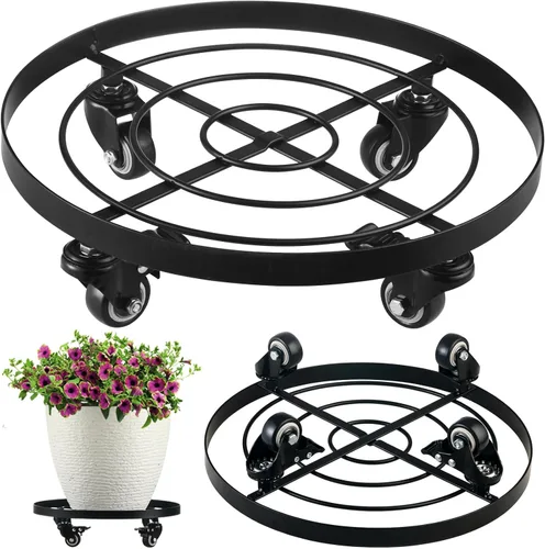 Vista 9 de Paquete de 3 posavasos de metal para plantas de 10.6 pulgadas, con ruedas, soporte rodante resistente para plantas con ruedas para interiores y Negro