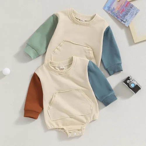 Vista 14 de Mameluco de manga larga con bloques de color para bebé, niño, niña, con bolsillo, cuello redondo, sudadera básica para otoño e invierno