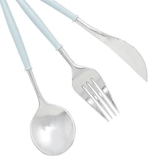 Vista 2 de Cubiertos de plástico Silverwar de plástico plateado con mango azul, cubiertos desechables pesados que incluyen 8 tenedores, 8 cucharas, 8 cuchillos