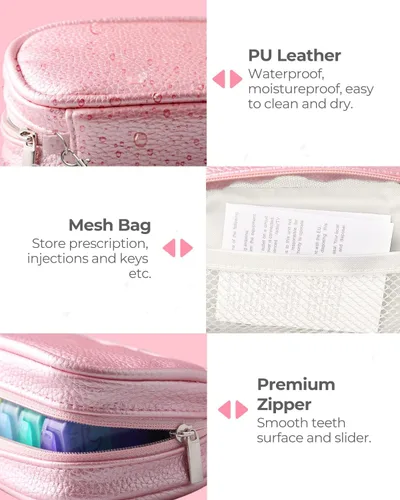 Vista 4 de AMOOS Lindo organizador de pastillas 2 veces al día, pastillero de cuero PU para mujer, pastillero semanal portátil para bolso con bolsa