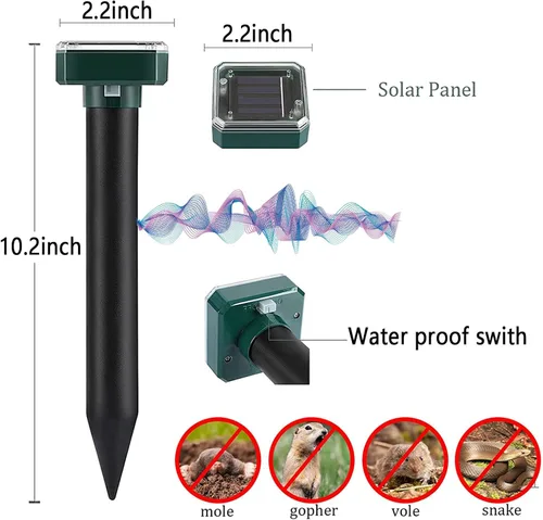 Vista 3 de Repelente de topos para césped, paquete de 10 unidades, repelente de topos alimentado por energía solar, disuasorio ultrasónico, estacas