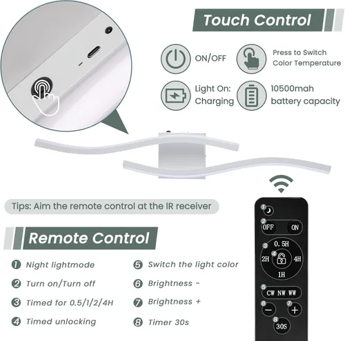 Vista 3 de Juego de dos apliques de pared LED modernos, apliques de pared regulables, 3000K-6500K LED inalámbrico con control remoto, lámpara de pared