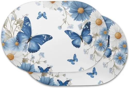 Vista 28 de Blue Flower Dining Table Mats Set of 2 Hummingbird Heat Resistant Placemats Washable and Wipeable Non Slip Place Mat, Waterproof Modern Dining Table