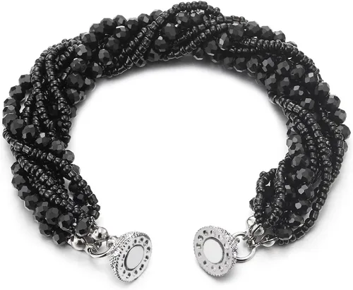Vista 3 de COOLSTEELANDBEYOND Crystal Beads Multi-Strand Bracelet with Rhinestone Ball Charm Magnetic Clasp A-Color: plata y negro