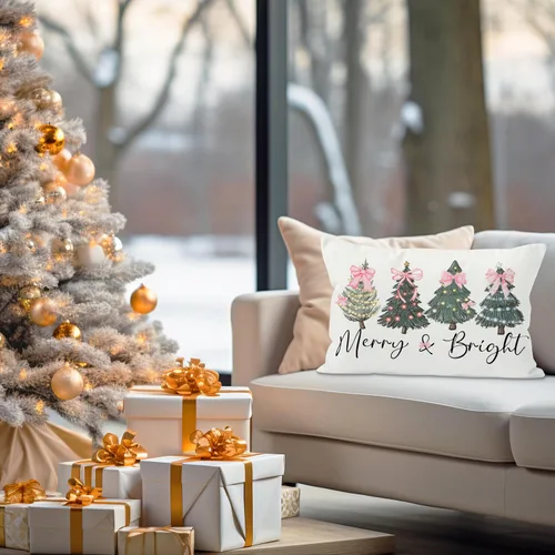 Vista 4 de Fundas de almohada rosas de Navidad de 16 x 24 pulgadas, fundas de almohada decorativas para dormitorio, habitación, sofá, funda de almohada lumbar