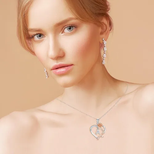 Vista 2 de DFUNH Collar con inicial de corazón rosa para mujer, collar de plata de ley S925 con letra inicial para esposa, collar con dije de letra de corazón