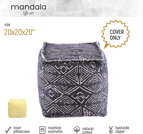 Vista 3 de Mandala Life Art Puf otomano - 20x20x20" - Taburete Reposapiés - Cubo Negro