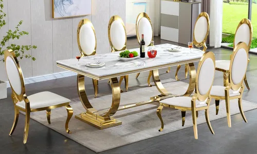 Vista 13 de Juego de mesa de comedor moderno de mármol para 6, sillas de mesa de cocina, juego de 7 piezas con mesa de comedor de imitación de mármol blanco