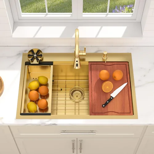 Vista 3 de Dcolora - Estación de trabajo para fregadero de cocina de 33 x 22 pulgadas Dorado