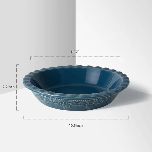 Vista 3 de Fun Elements - Molde para tartas de cerámica de 9 pulgadas, sartén profunda con relieve de encaje, plato con volantes para hornear, juego de 2, azul