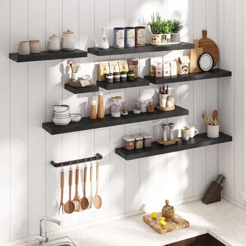 Vista 2 de 16 Inch Floating Shelves for Wall 2 Pack, 8"D Wood Grain Bathroom Shelves Acabado negro