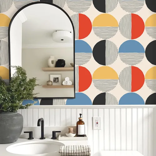 Vista 4 de VEELIKE Papel tapiz geométrico moderno para despegar y pegar, papel tapiz geométrico bohemio de mediados de siglo para dormitorio y baño, 17.7 x 118