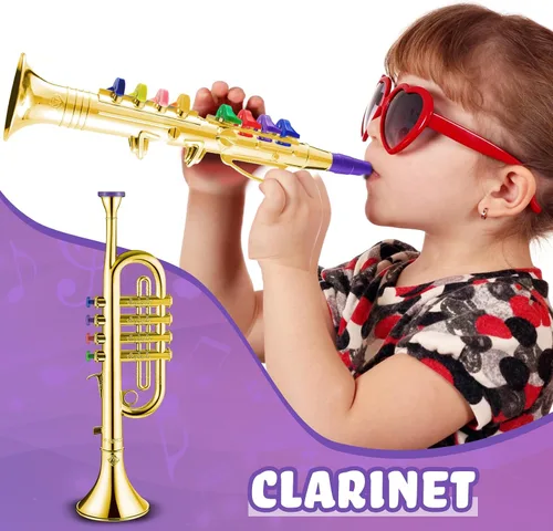 Vista 4 de Lewtemi Juego de 2 instrumentos musicales de juguete que incluye saxofón + 8 teclas de saxofón dorado instrumentos musicales de plástico para niños