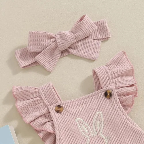 Vista 4 de Ropa de verano para bebé recién nacida, con volantes, sin mangas, con diadema