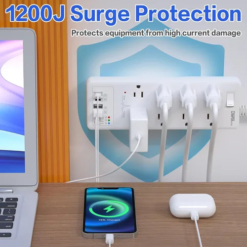Vista 3 de Protector de sobretensiones, cable de extensión con temporizador USB, 8 salidas (1875 W/15 A) y 2 puertos USB A+2USB C, certificación ETL, montaje