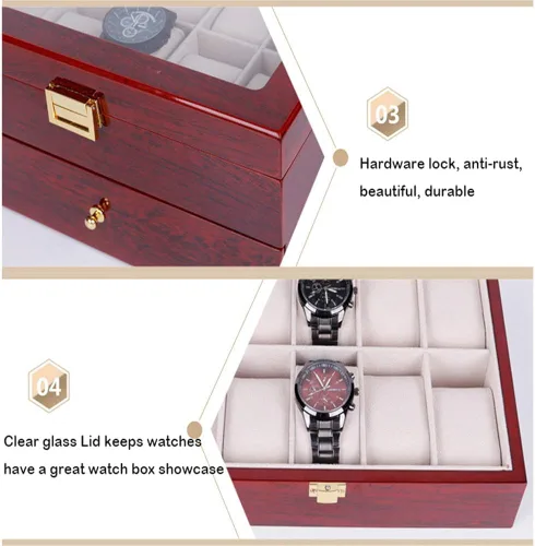 Vista 5 de Caja de almacenamiento para relojes de madera con 20 ranuras y tapa de cristal para joyas, con 20 cojines extraíbles y suaves para hombres y mujeres