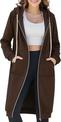 Vista 15 de Ablanczoom Sudaderas largas con cremallera para mujer, cómodas sudaderas de forro polar a la moda, chaquetas casuales con bolsillos Albaricoque