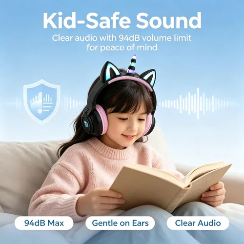Vista 5 de Unicornio Bluetooth Niños Auriculares Plegables para Niñas (Negro)