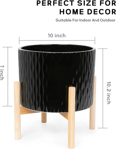 Vista 2 de LaDoVita Maceta de cerámica con soporte, maceta de 10 pulgadas con estante de madera, macetas redondas modernas para interiores con soporte