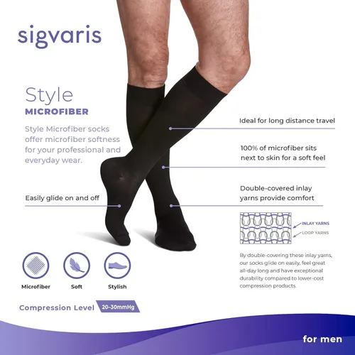 Vista 2 de SIGVARIS Calcetines altos de pantorrilla con punta cerrada de microfibra 820 para hombre 20-30mmHg, Negro