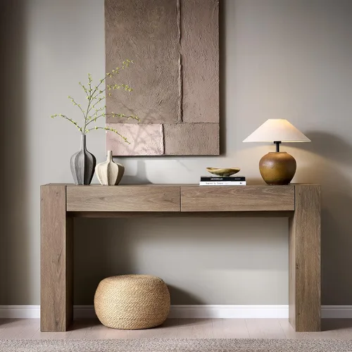 Vista 3 de OKD Moderna mesa consola de entrada, mesa de sofá con cajones, mesa de pasillo de 63 pulgadas de largo detrás del sofá, diseño de madera gruesa