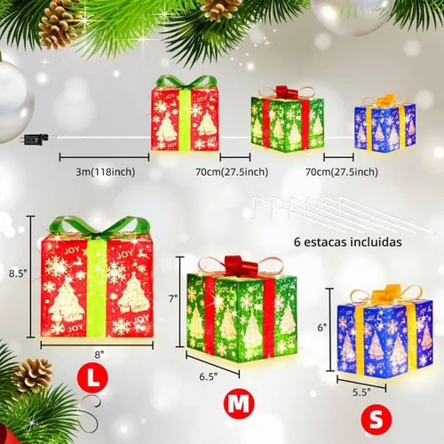 Vista 6 de LAMPHOME Juego de 3 Cajas de Regalo Iluminadas con 70 LED de Navidad, Luces Blancas Cálidas con Intermitente, Cajas Decorativas para Sendero, Adorno