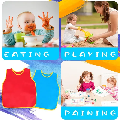 Vista 7 de Paquete de 4 delantales artísticos para niños, delantales de pintura para niños, espaciosos, sin mangas, impermeables, delantales de pintura