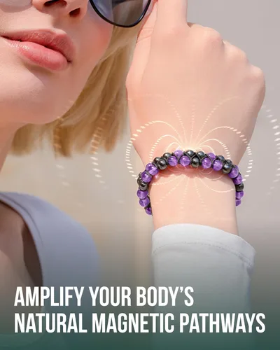 Vista 3 de MagnetRX® Pulsera de hematita y amatista, pulseras magnéticas de hematita de máxima fuerza, pulseras de cuentas moradas con cristales de amatista