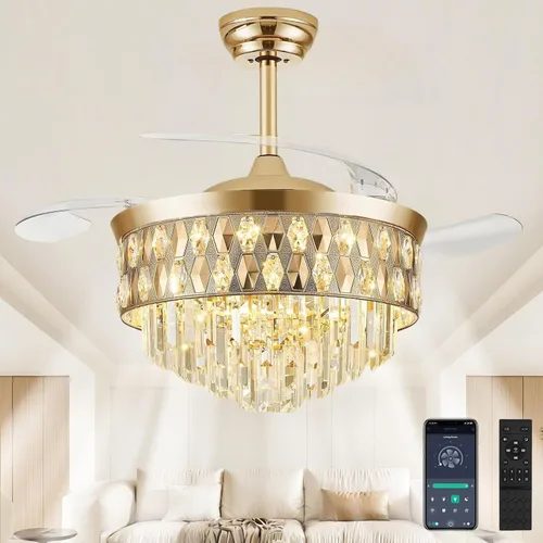Vista 13 de Ventilador de techo de 52 pulgadas con luz, ventilador de araña, dorado K9 crystal, dimmable 3CCT LED, 6-speed quiet DC motor, memory and timer