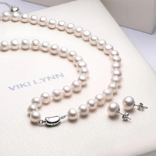 Vista 5 de VIKI LYNN Juego de Collar de Perlas Cultivadas de Agua Dulce Incluye Impresionante Pulsera y Aretes de Botón Joyería para Mujer Regalo para el Día