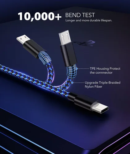 Vista 6 de Cable de carga para controlador PS4 de 10 pies paquete de 2 cables de nailon trenzado extra largo micro USB 20 de alta velocidad compatible