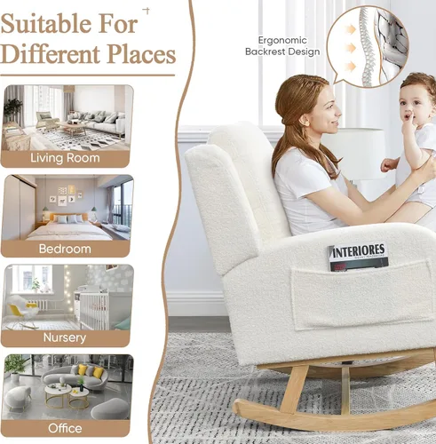 Vista 5 de JEEOHEY Mecedora para guardería, mecedora tapizada con respaldo alado, mecedora con respaldo alto cómodo, reposabrazos curvado, almohada lumbar