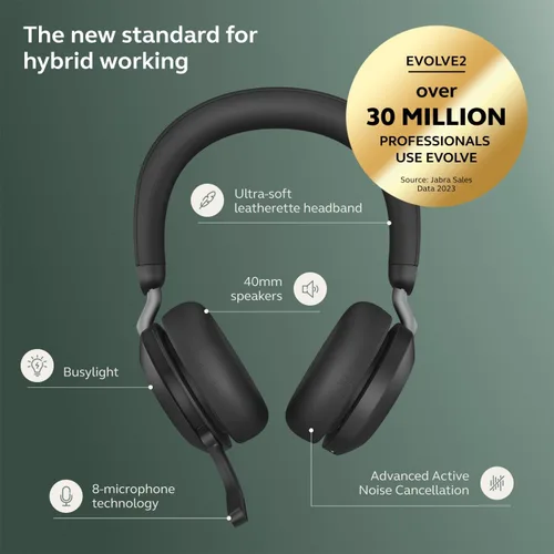 Vista 3 de Auriculares inalámbricos Jabra Evolve2 75 para PC con tecnología de 8 micrófonos - Auriculares estéreo de espuma dual con cancelación activa