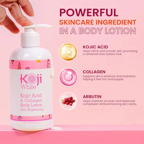 Vista 3 de Koji White Kojic Acid & Collagen Loción corporal, set de regalos para mujer para iluminar la piel con arbutina, piel brillante, hidratante y tez
