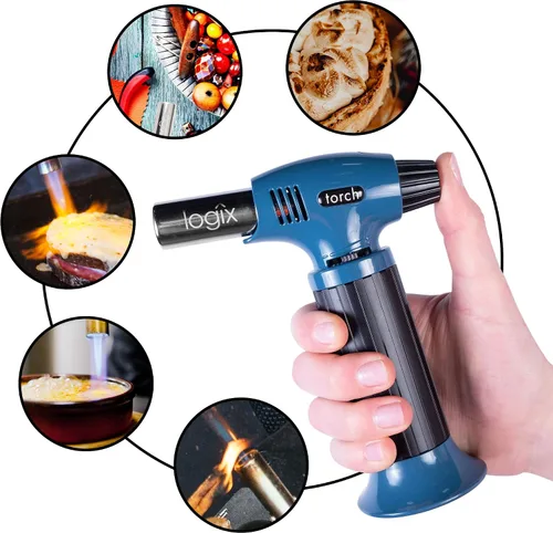 Vista 2 de Encendedor de antorcha de butano, antorcha de cocina para caramelizar, sellar, recargable con bloqueo de seguridad, llama doble ajustable para Azul