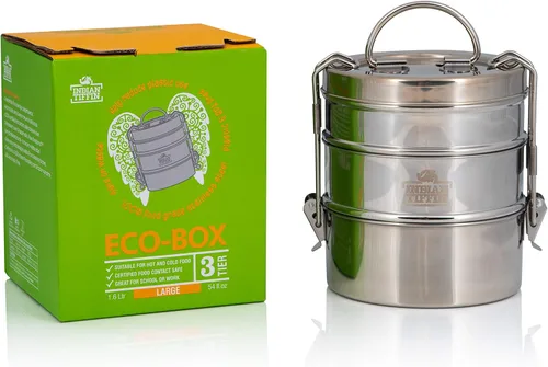 Vista 4 de Indian-Tiffin Lonchera Tiffin grande de acero inoxidable de 3 niveles