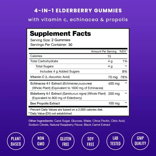 Vista 2 de NutraChamps Gomitas de saúco con vitamina C, propóleo y equinácea, vitaminas gomosas de apoyo del sistema inmunológico para adultos y niños, fuerza