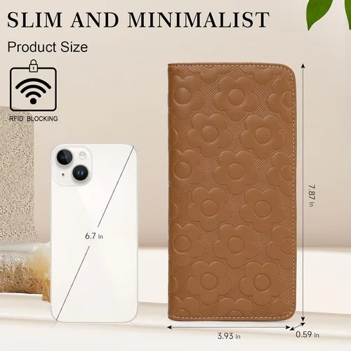 Vista 6 de Cartera delgada ultradelgada para mujer 3D de cuero con estampado de flores en relieve para mujer, cartera con bloqueo RFID, tarjetero plegable