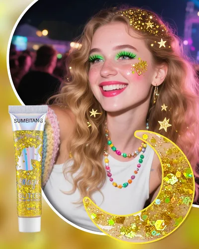 Vista 7 de Gel con purpurina para la cara y el cuerpo, 6 colores, con lentejuelas gruesas holográficas, pintura para fiestas, cantantes, conciertos, festivales