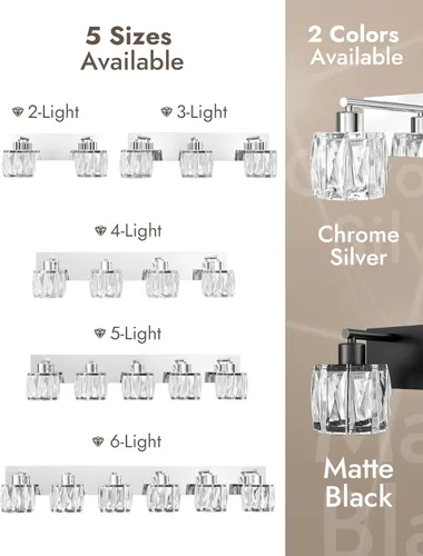 Vista 7 de VOLISUN Luces de Tocador de Cristal - 2 Luces Modernas de Acero Inoxidable para Baño Sobre Espejo, Acabado Cromado - Certificado UL