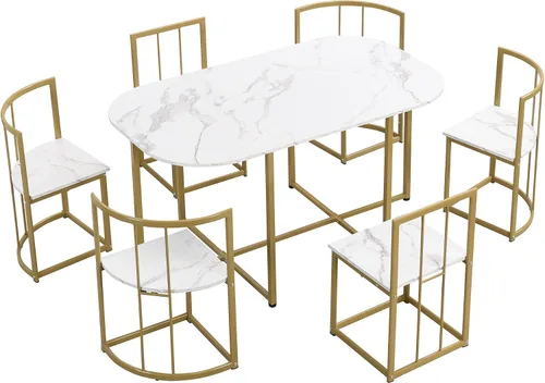 Vista 8 de Quarte Moderno juego de mesa de comedor de 7 piezas con mármol sintético, juego de mesa de cocina de metal compacto, diseño de silla triangular