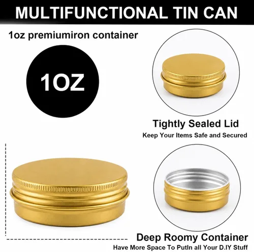 Vista 2 de OBKJJ 102PK latas de aluminio vacías 1oz tapa de tornillo bálsamo vela DIY Dorado