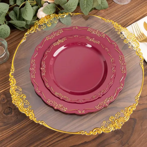 Vista 2 de Efavormart - Paquete de 10 platos desechables de 7 pulgadas transparentes con borde vintage burdeos, elegantes platos de postre de plástico