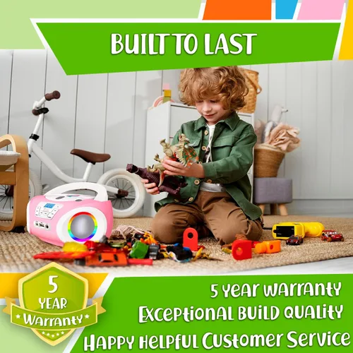 Vista 7 de TinyGeeks Tunes Kids Boombox Reproductor de CD para Niños - Radio FM - Incluye Baterías - Radio Rosa - Reproductor de CD con Altavoces para Niños